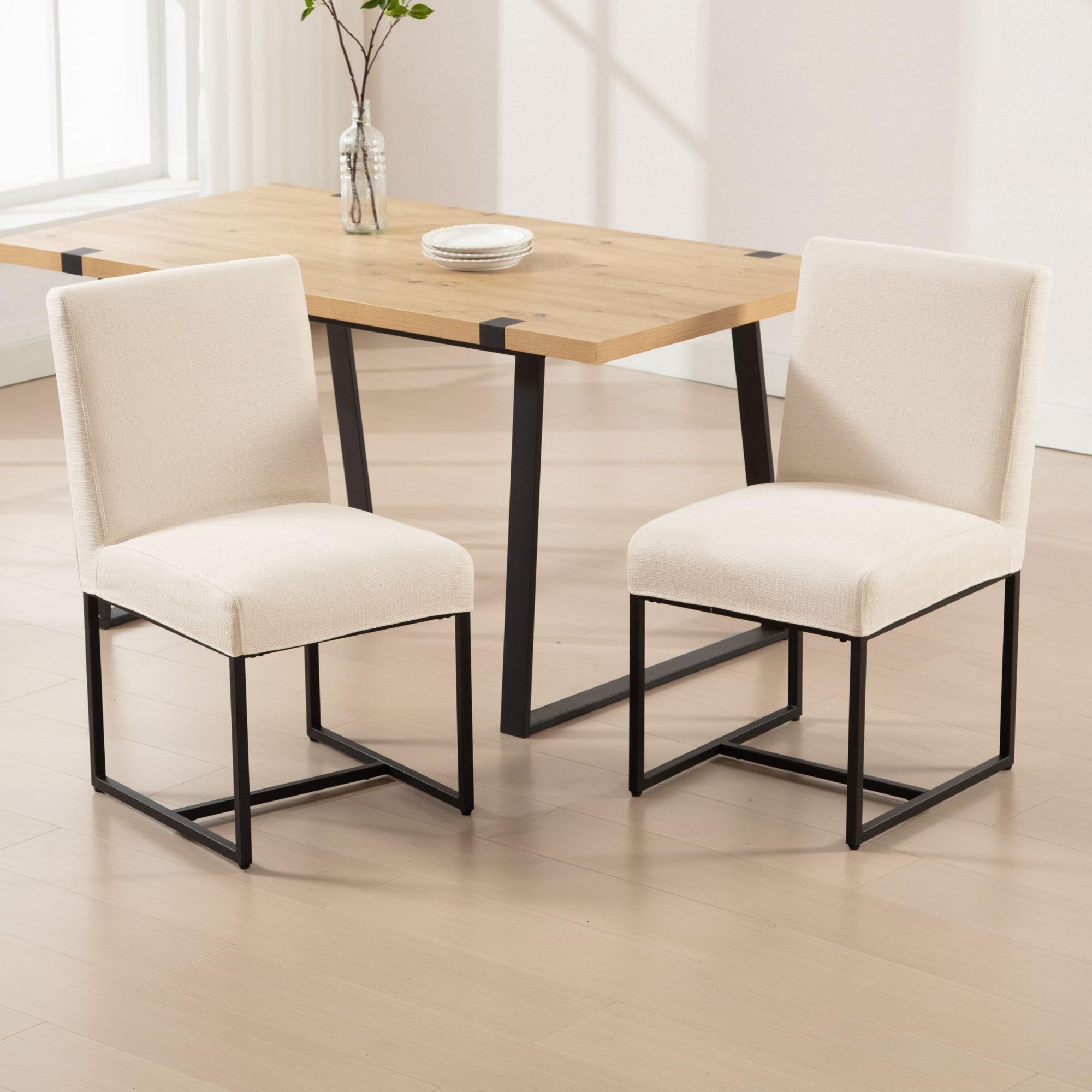 BESTANO Mid Century Modern Dining Chairs Set of 2 with Seat Covers, Cream Linen Upholstered Kitchen & Dining Room Chairs with Black Metal Frame