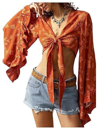 BEAUDRM Women's Floral 70s Top Hippie Shirt Bow Tie Front Disco Deep V Ruffle Blouse - Small - Orange Flower