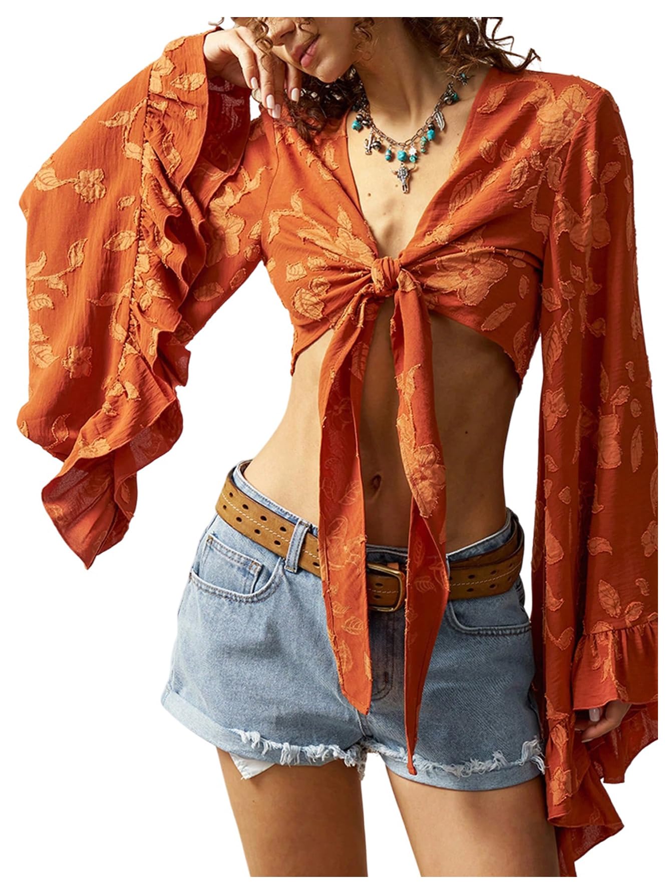 BEAUDRM Women's Boho Tops Wrap Western Country Concert 70s Outfits Tie Front Long Bell Sleeve Tops Hippie Disco Clothes