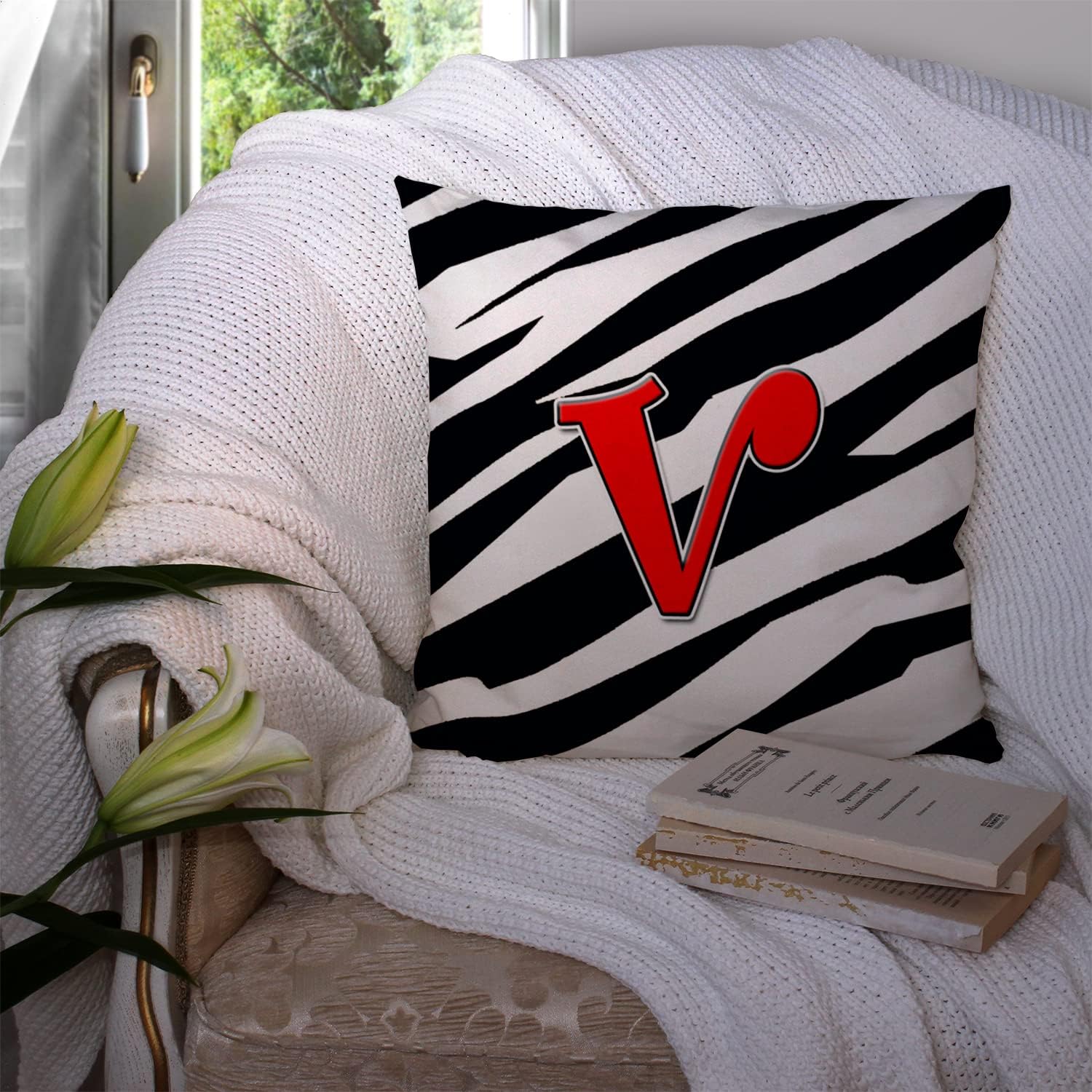 Caroline's Treasures CJ1024-VPW1414 Letter V Initial Monogram - Zebra Red Fabric Decorative Pillow Machine Washable, Indoor Outdoor Decorative Pillow for Couch, Bed or Patio, 14Hx14W