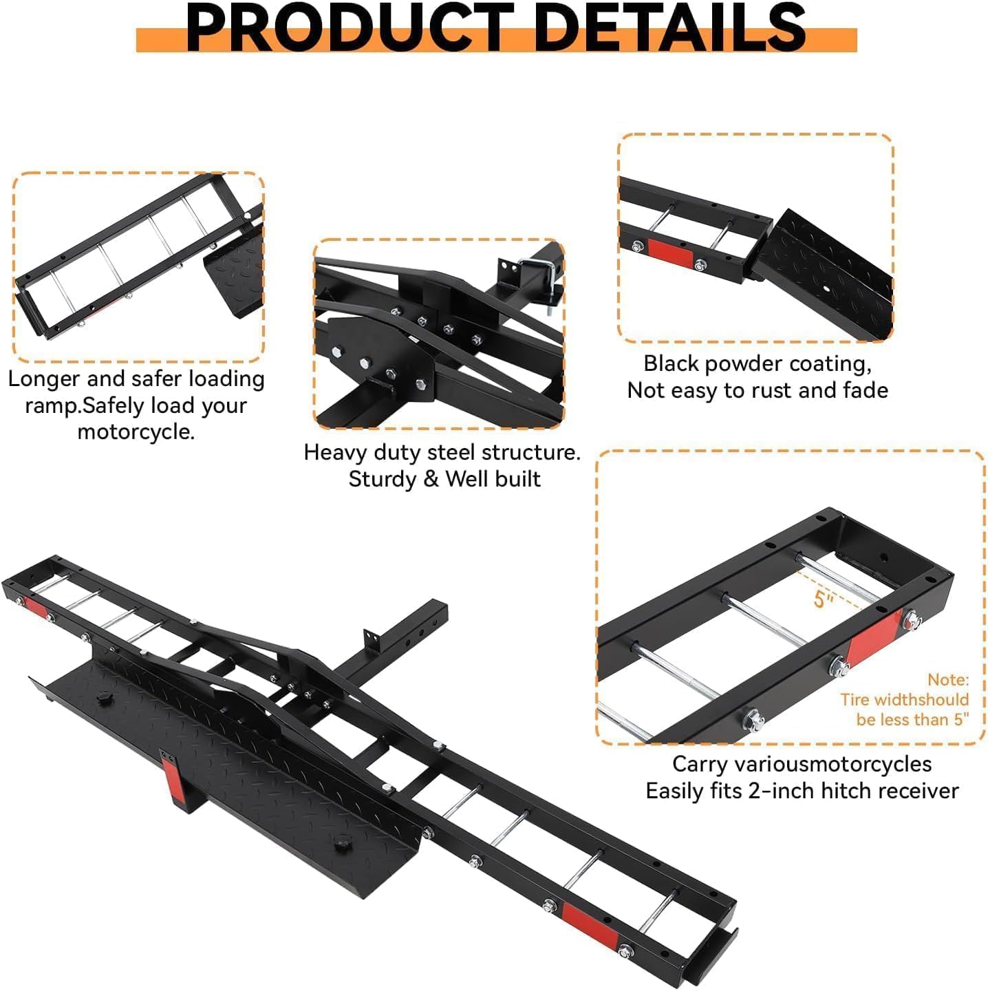 Heavy Duty Motorcycle Hitch Carrier, 600 Lbs Capacity Moto Hauler for Dirt Bikes & Electric Bikes, Fits 2" Receiver, Anti-Wobble Anti-Rust Motorcycle Rack for Truck/RV/Trailer