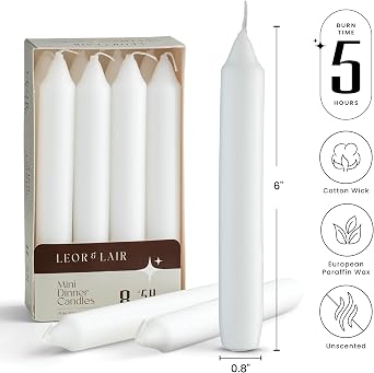 Leor & Lair 6 Inch Short Taper Candles, Pack of 8 White Candlesticks | 5 Hour Burn Unscented Short Candle Sticks for Christmas, Weddings, Dinner & Decoration