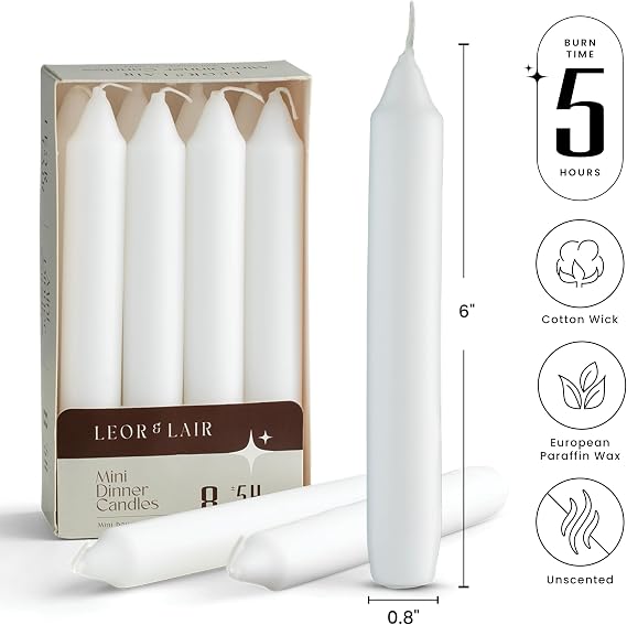 Leor & Lair 6 Inch Short Taper Candles, Pack of 8 White Candlesticks | 5 Hour Burn Unscented Short Candle Sticks for Christmas, Weddings, Dinner & Decoration