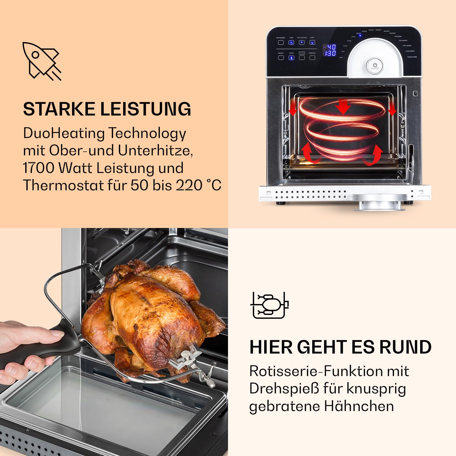 Klarstein AeroVital Cube Chef Heißluftfritteuse - 1700 W Heissluftfriteuse, Airfryer mit Touchscreen, 16 Programme, 50-220 °C, 14 L, ca. 10 h Zeitvorwahl, Edelstahl, silber