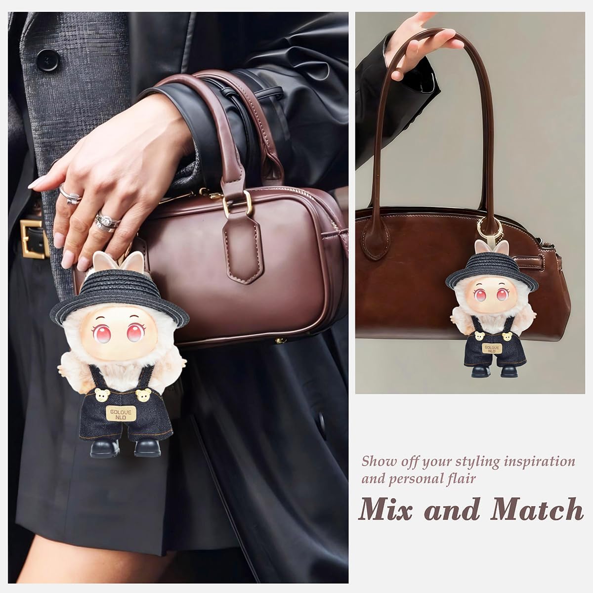 17cm/15cm Doll Clothes for Labubu Dolls, Cute Plush Dolls Outfit Accessories with Overalls + Hat + Shoes, Fashion Doll Clothing Sets (3 Sets of Clothes)