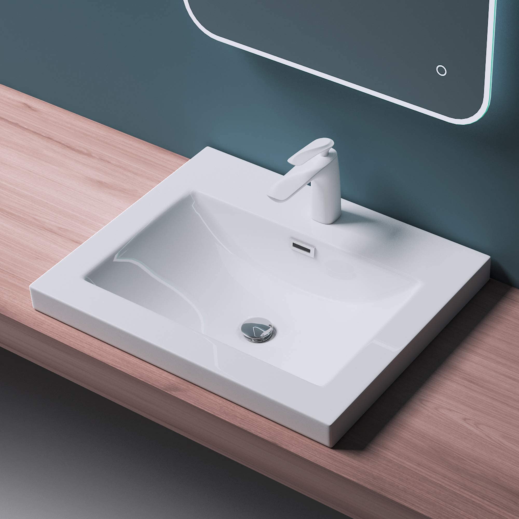 Maggio & Mai - Lavabo da incasso Col01, in ghisa minerale, bianco, rettangolare, 1 foro per rubinetto, funzione troppopieno, larghezza: 60 cm