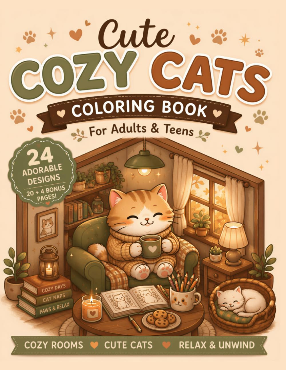 Cozy Cat Rooms Coloring Book: Relaxing Cozy Interiors, Cute Cats & Hygge Coloring Pages for Adults and Teens