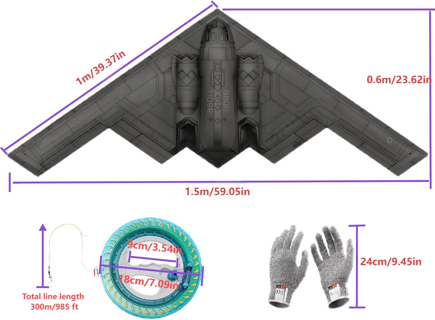 Big Kite, B2 Bomber Model Kites,1:26Perfect Remake, A Kite of Choice for Adults and Military hobbyists、Equipped with 300 metres /984 Foot String Plate and a Pair of Cut-Resistant Gloves - Image 4
