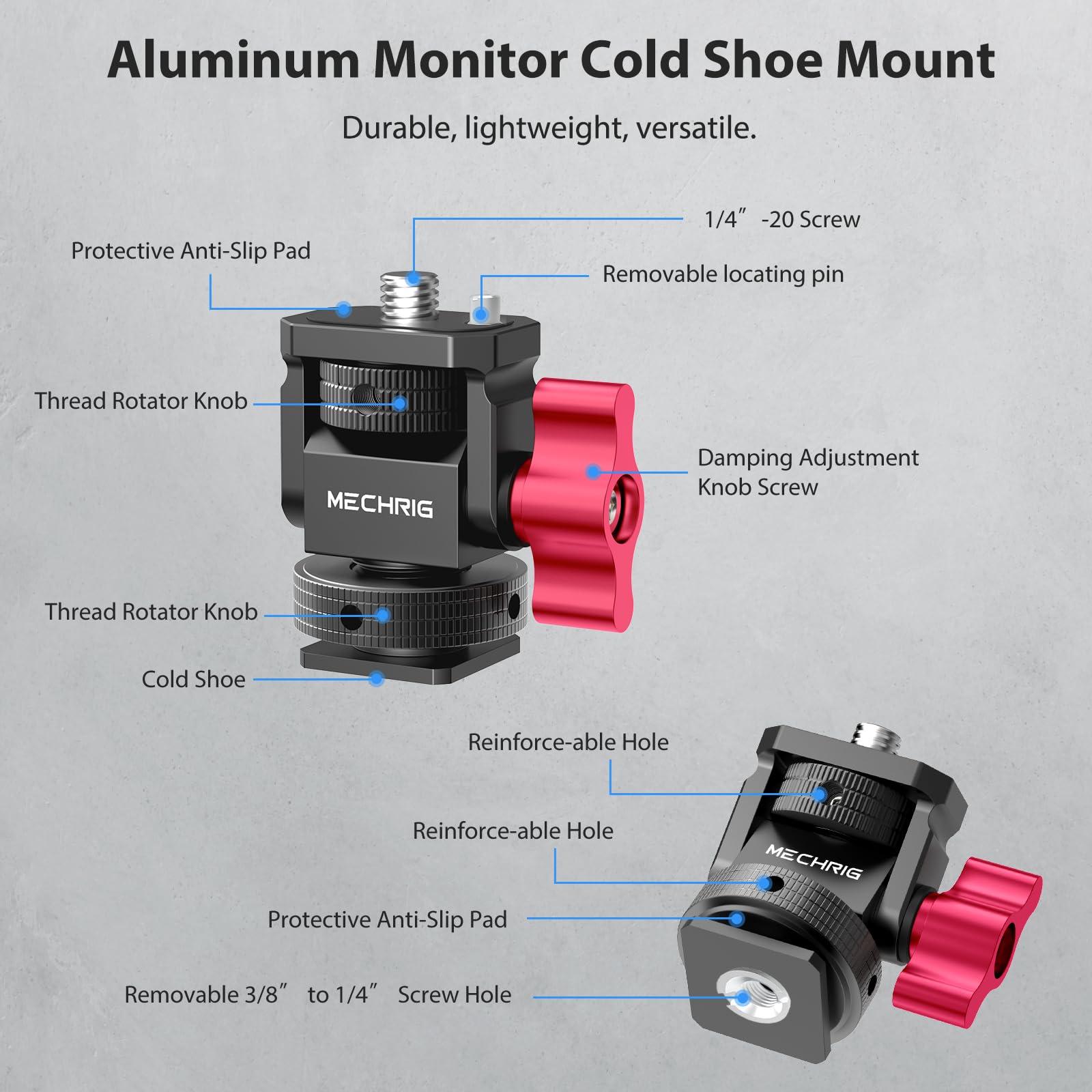 Support de moniteur pour mini caméra avec griffe, support de moniteur en aluminium avec vis 6,35 mm pour cage de micro à lumière LED, adaptateur de griffe pivotant à 360° et amortissement