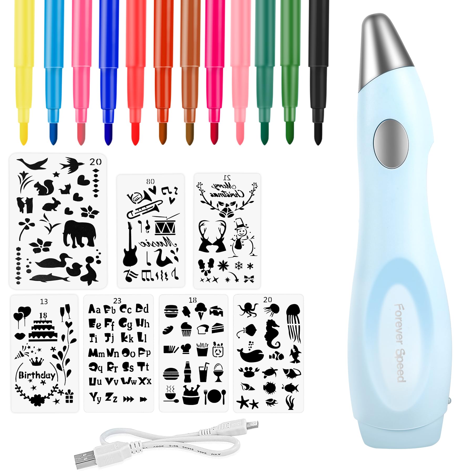 Forever Speed Spray Paint Airbrush Pen Set for Kids, Electric Airbrush Painting Set 12 & 7 Water Art Markers, Washable Paint Pens Art Crafts Gift