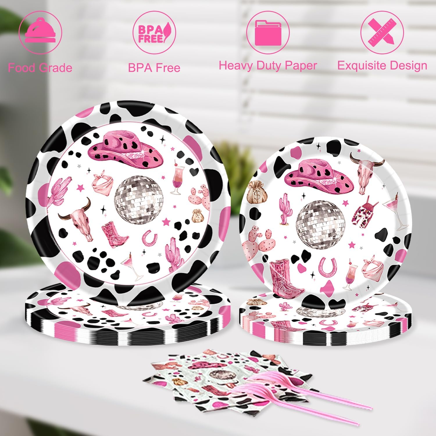 Disco Cowgirl Party Decorations, 171Pcs Western Horse Birthday Party Decoration Supplies for 16 Guests with Plates, Napkins, Forks, Tablecloth, Cake Topper, Fringe Curtain, Balloon Banner - Image 7