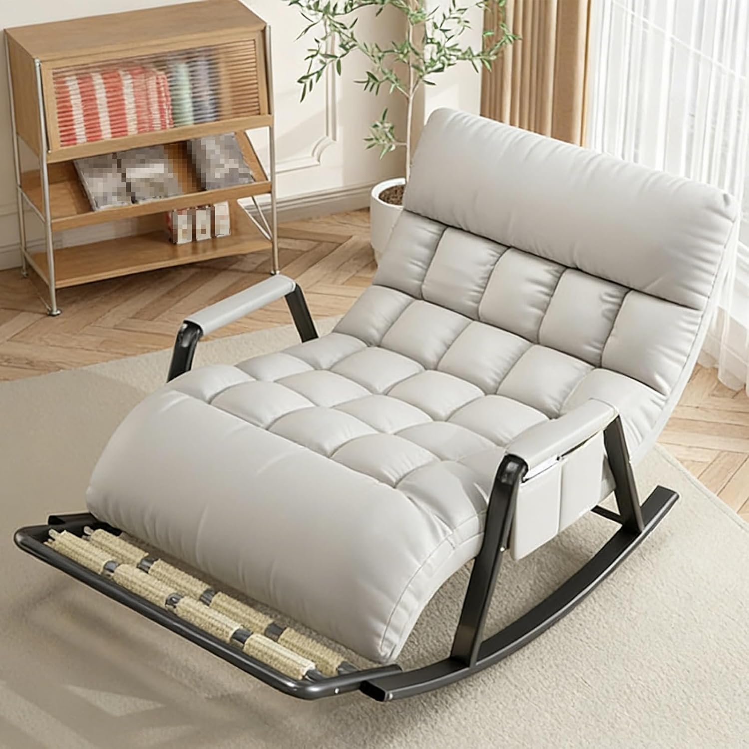 Double Rocking Chair, Modern Oversized Rocker Chairs, Ergonomic Recliner with Side Pockets Armrests, Padded Rocking Chair with Massage Footrest, for Living Room Relax(Beige+Black)