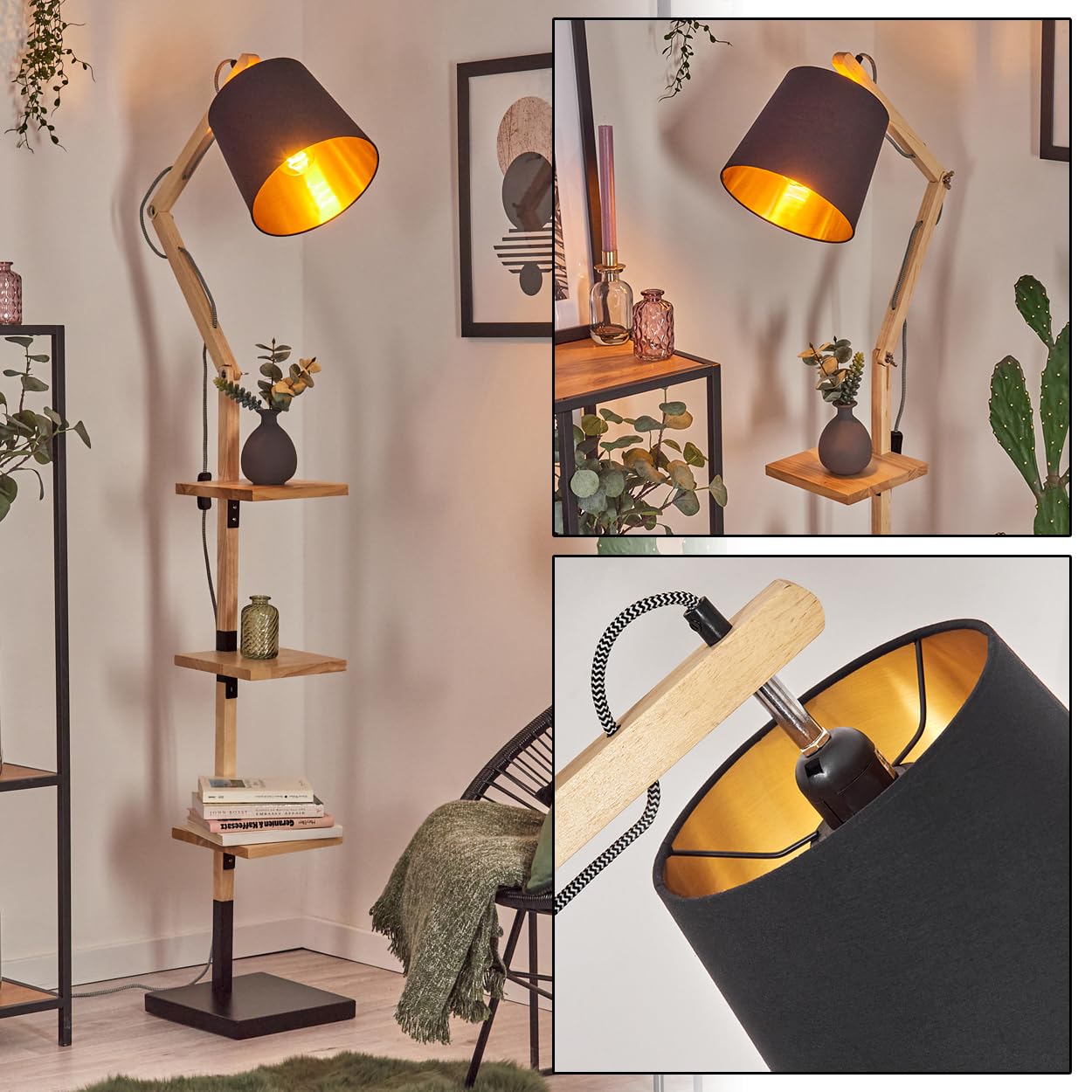HOFSTEIN Lampa stojąca Tukchor, drewniana / metalowa / naturalna tkanina/czarna/złota, regulowana lampa z półkami i przełącznikami, 152,5 cm, E27, salon, sypialnia, jadalnia