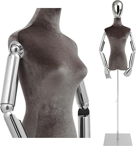 Torso de maniquí femenino de terciopelo gris, brazos galvanizados plateados, altura ajustable de 61.02-82.68 pulgadas, para exhibición de ropa y