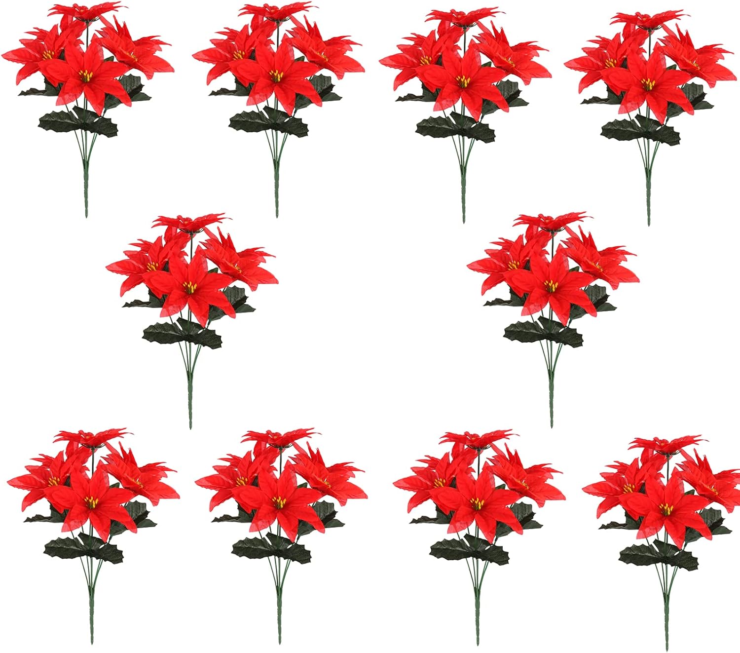 Artificial Silk Poinsettia, 10 Pack Christmas Bushes Floral Bouquet Faux Flowers Branch for Indoor Outdoor Home Office Decor