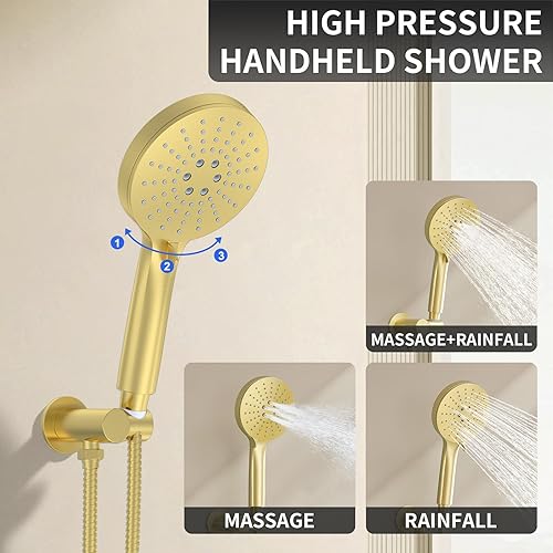 Miniatura 4 de KOJOX Sistema de ducha dorado cepillado de 10 pulgadas con cabezal de ducha de lluvia de alta presión, cabezal de ducha de mano de 3 ajustes, juego