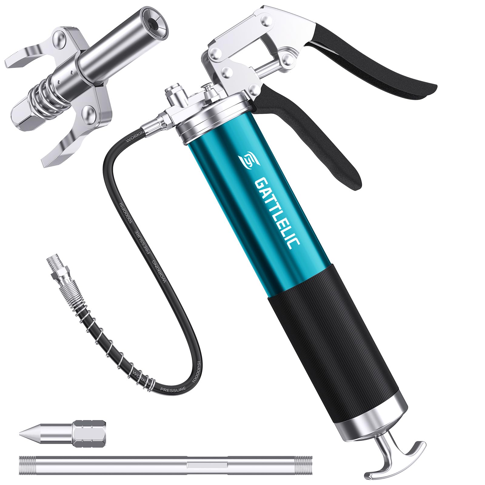 GATTLELIC 8000 PSI Heavy Duty Grease Gun Kit - 14oz with Flex Hose, Sharp Nozzle, Extension Pipe & Coupler, Blue
