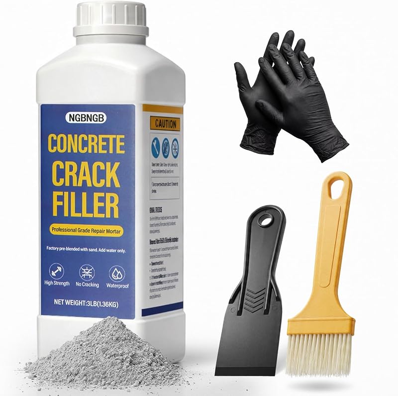 Concrete Crack Filler Heavy-Duty Dry Granular Mortar Repair Kit, 3 lb Gray | Quartz Sand Formula; Hole Filling; Indoor and Outdoor Use; Driveways, Walkways and Patios; Scraper, Brush and Gloves Included