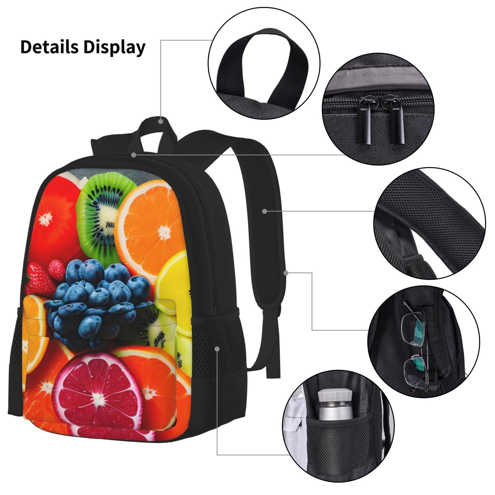 Juego de mochila 3 en 1 con estampado de arcoíris de frutas con bolsa de almuerzo y estuche, adecuado para el trabajo, picnic, viajes, Negro -, Talla única