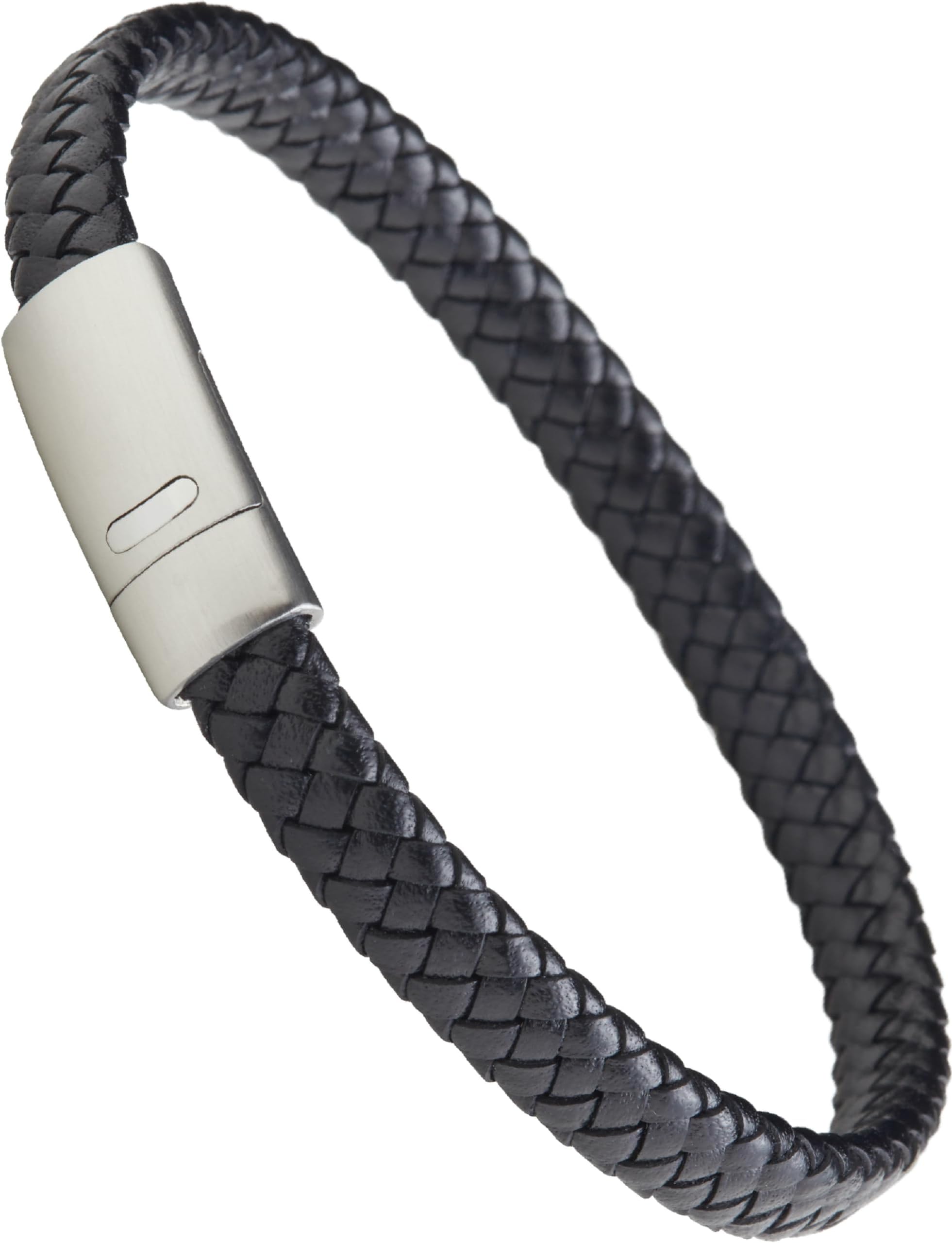 LUXAR Men’s Genuine Leather Bracelet | Interwoven Black Leather Bracelets with Brushed Stainless Steel Clasp | Minimalist, Designer Jewelry for Men (Silver, Small)