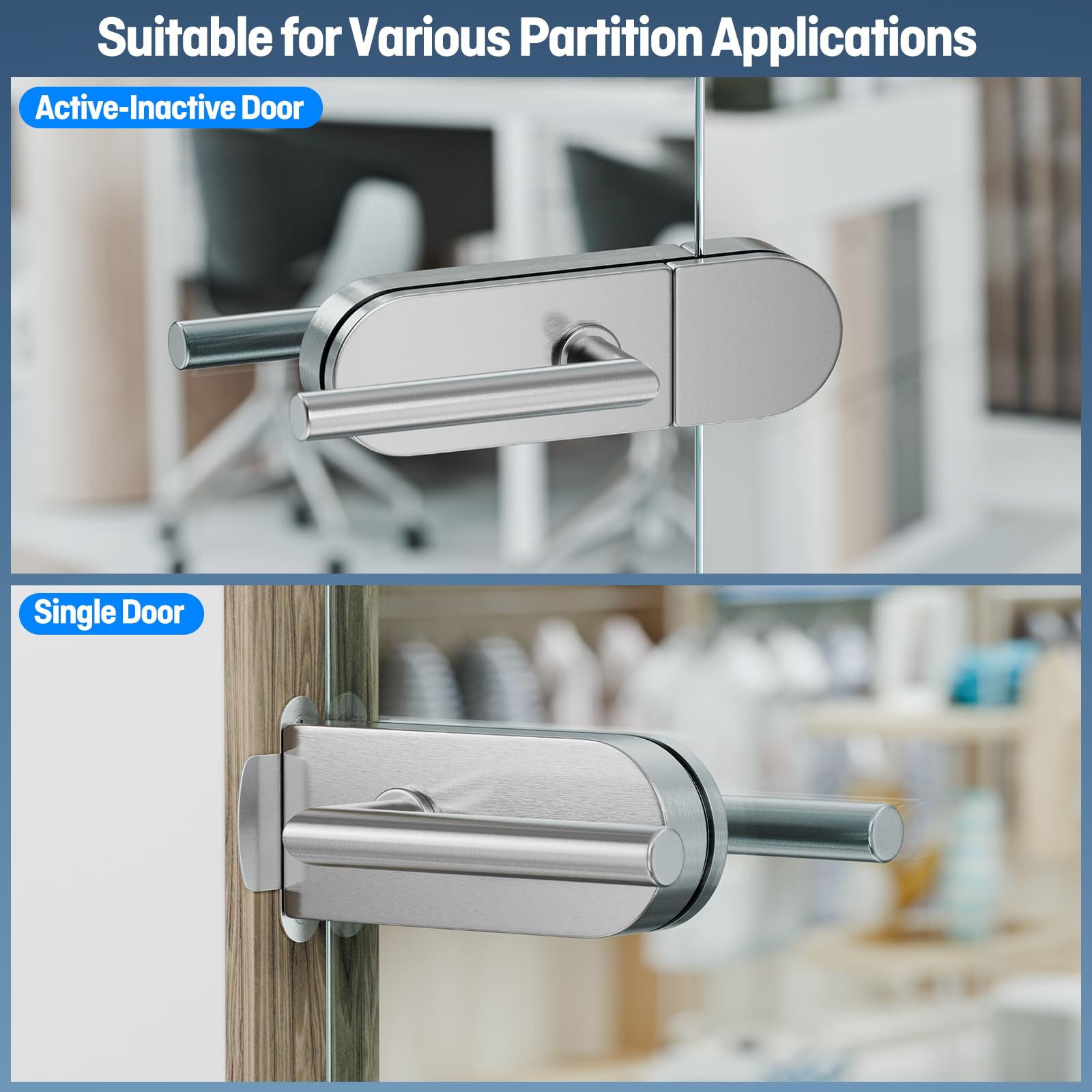Ranbo Serrure porte verre sans cadre sans clé, 8-12 mm, nickel brossé | Inox 304, poignées doubles, fermeture silencieuse, verre pré-percé, serrure de passage, bureau et intérieur