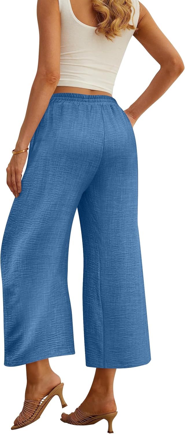 Womens Wide Leg Capri Pants Summer Palazzo Dressy Casual Pant Beach Loose High Waist Lounge Trouser with Pockets - Image 5