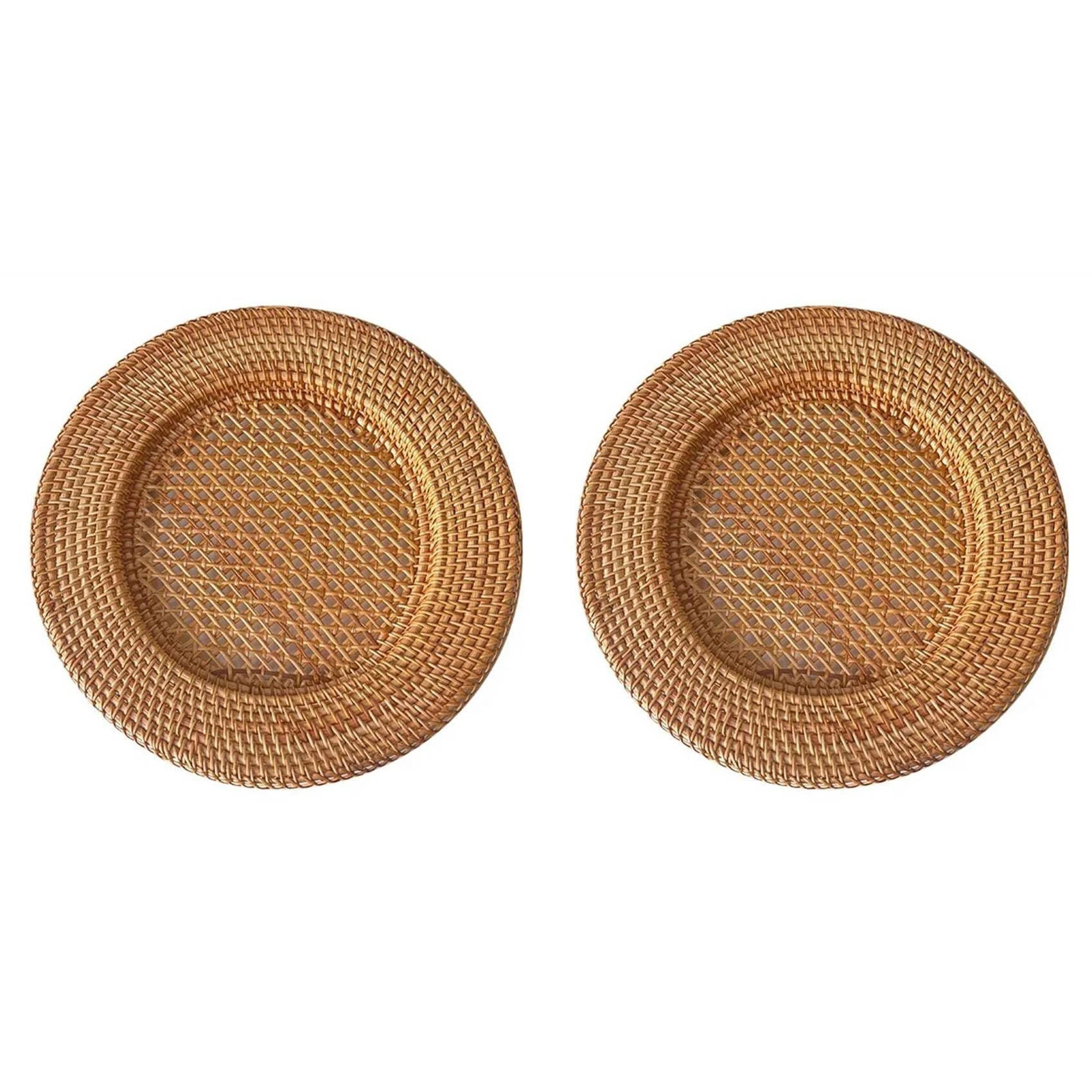 Aundhegrtt 2pcs 13 Inch Handmade Natural Rattan Plate Decorative Round Placemat Bread Snack Serving Tray Table Decor