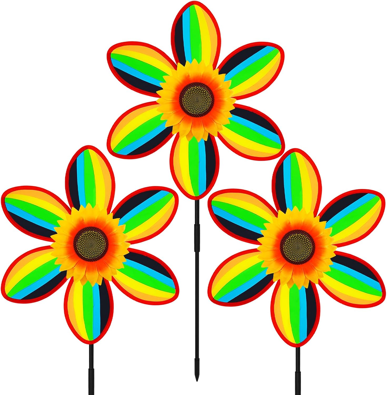 Sunflower Colorful Wind Spinners, Whirligigs Wind Spinner, Garden Windmill Spinner, DIY Pinwheel Craft Lawn Courtyard Outdoor Decoration (Stripe, 3PCS)