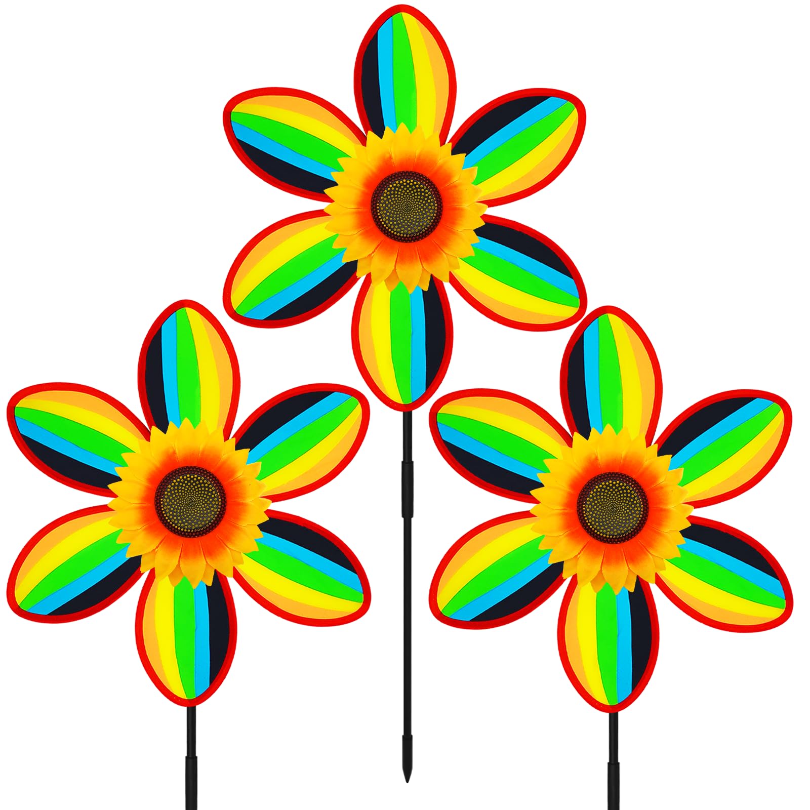 MuuXii 3PCS Sunflower Colorful Wind Spinners, Stripe Whirligigs Wind Spinner, 14.8inch Large Size Garden Windmill Spinner, DIY Pinwheel Craft Lawn Courtyard Outdoor Decoration