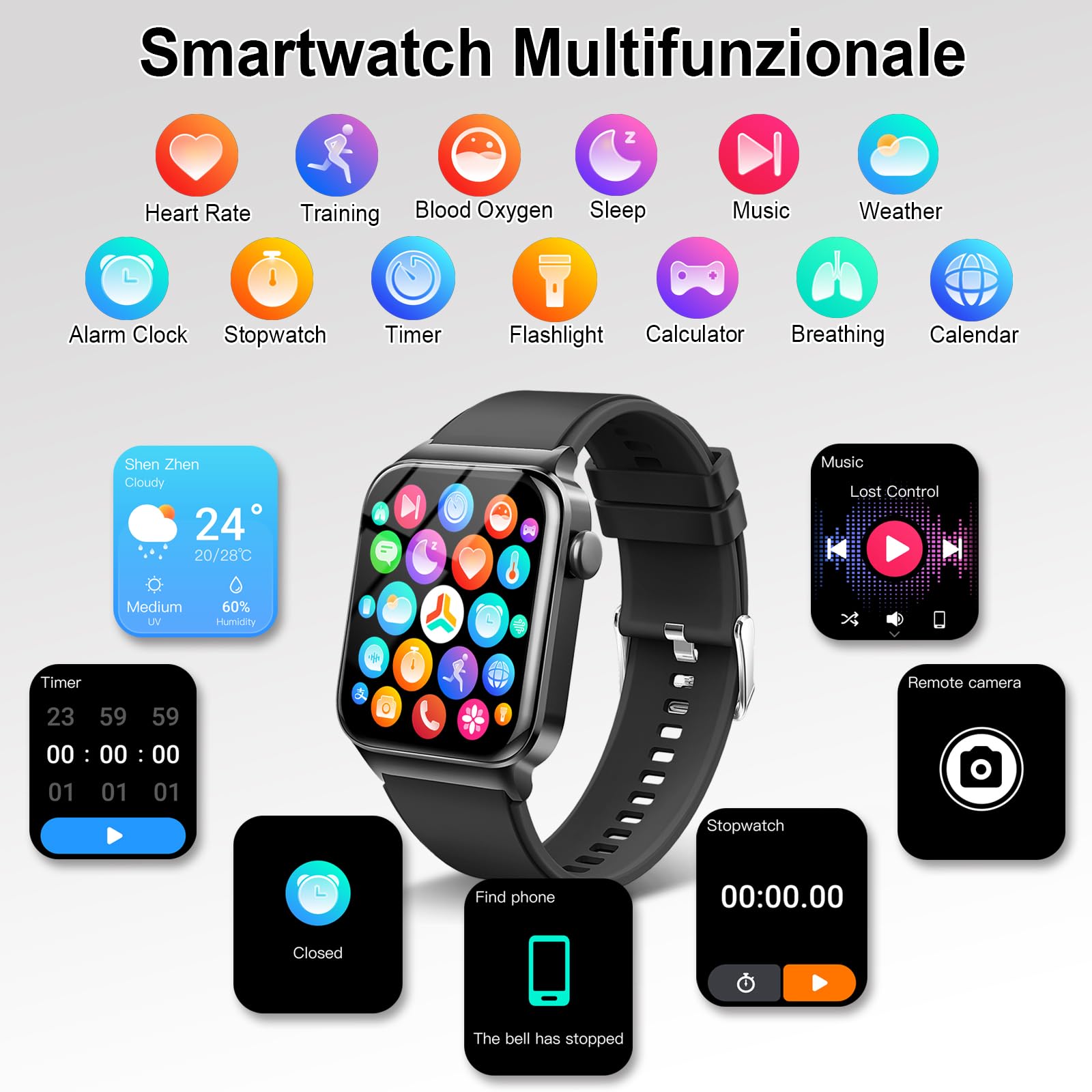 Smartwatch Uomo Donna, 1.85" HD Orologio Bluetooth Effettua/Risposta Chiamate, 110+ Sportive Smart Watch Cardiofrequenzimetro/Contapassi/SpO2/Sonno, Impermeabile IP68 Fitness Tracker per Android iOS