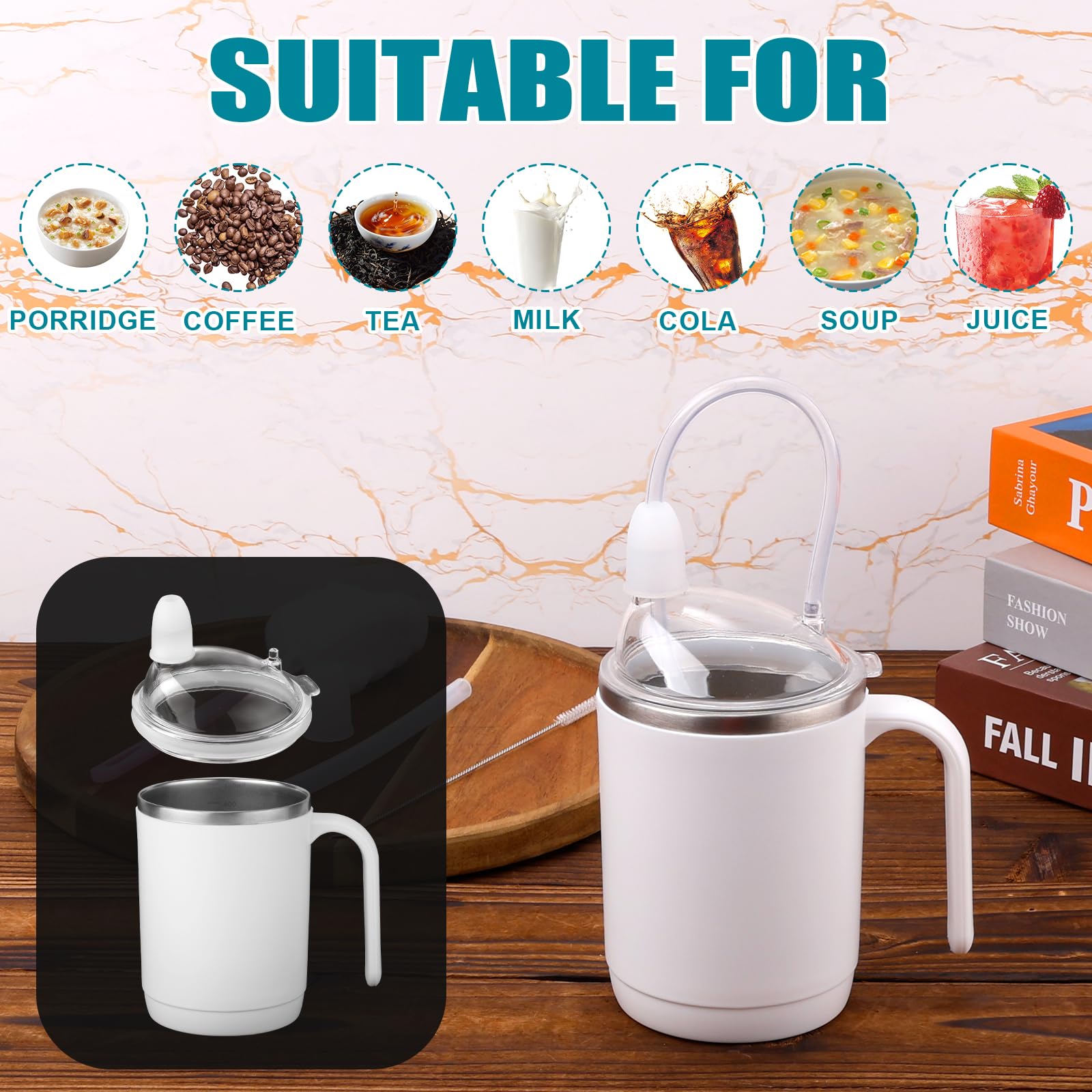 Gosknor Vasos a prueba de derrames para ancianos, 450 ml, de acero inoxidable, vasos antiderrames, con pajita, a prueba de fugas, taza de avena adecuada para personas mayores, adultos, maternidad,