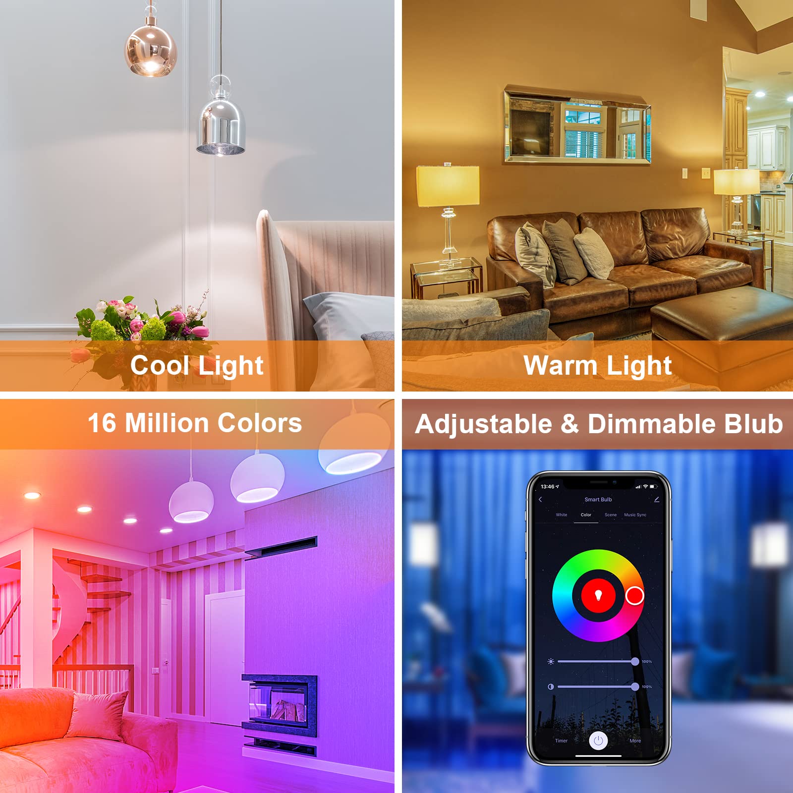 ANTELA Bombilla LED Inteligente WiFi G45, Casquillo E14, 4.5W, RGBCCT, Regulable Colores, Luz Cálida Fría 2700 a 6500K, 385lm, Compatible Alexa y Google Home, Vida Útil 15000 Horas, 8pcs