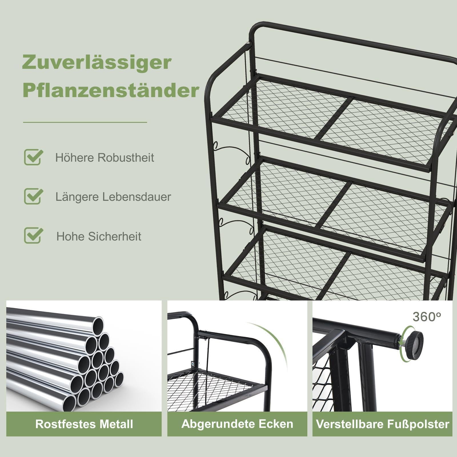 RELAX4LIFE 4-stufiges Pflanzenregal Klappbar, Blumenständer aus Metall, Blumentreppe mit Verstellbarem Regal & Fußpolster, Pflanzentreppe für Garten Terrasse Balkon, 60x25x100cm