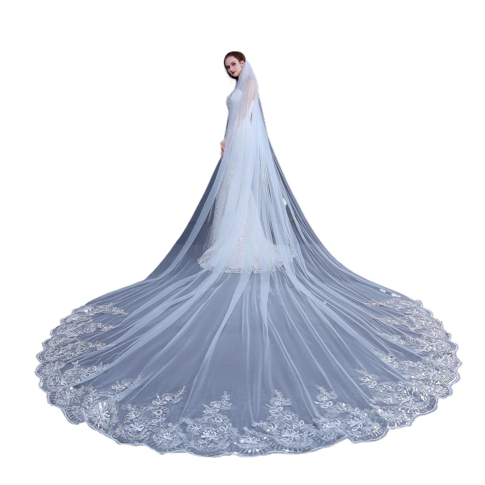 SFOIKVG Bridal veil Wedding Veil Lace Bridal Applique Sequins With Comb Cathedral for Dress Up(WHITE,500cm)