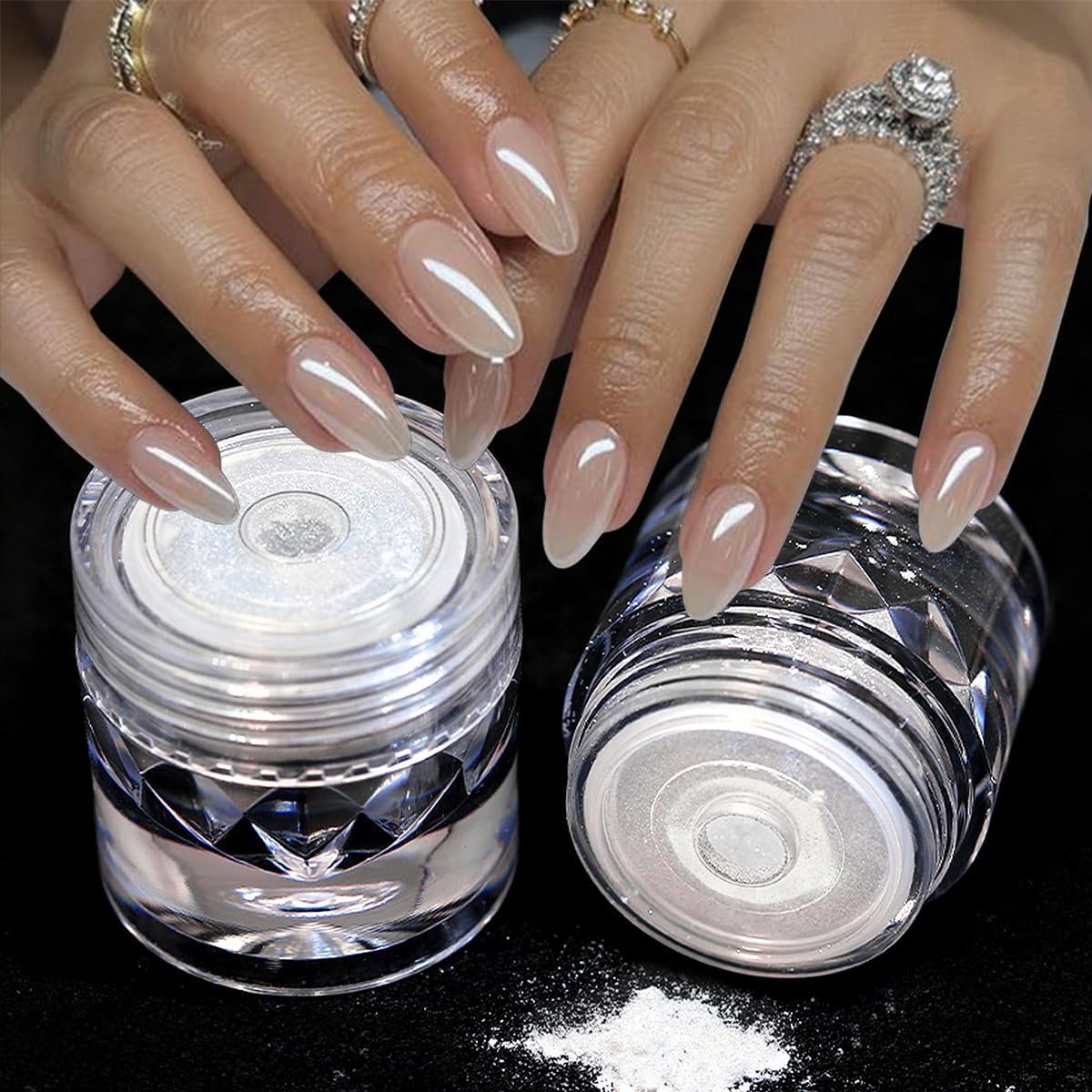 White Pearl Chrome Nail Powder Magic Pearlescent Mirror Effect 2Pcs Holographic Pearl Nail Chrome Powder Aurora Ice Transparent Nails Glitter Pigment Dust with Tool 0.5/Jar
