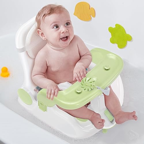 Obee Odee Asiento de baño para bebé con 2 modos, ajuste de 3 velocidades, potentes ventosas, silla de bañera infantil con almohada lavable, plegable