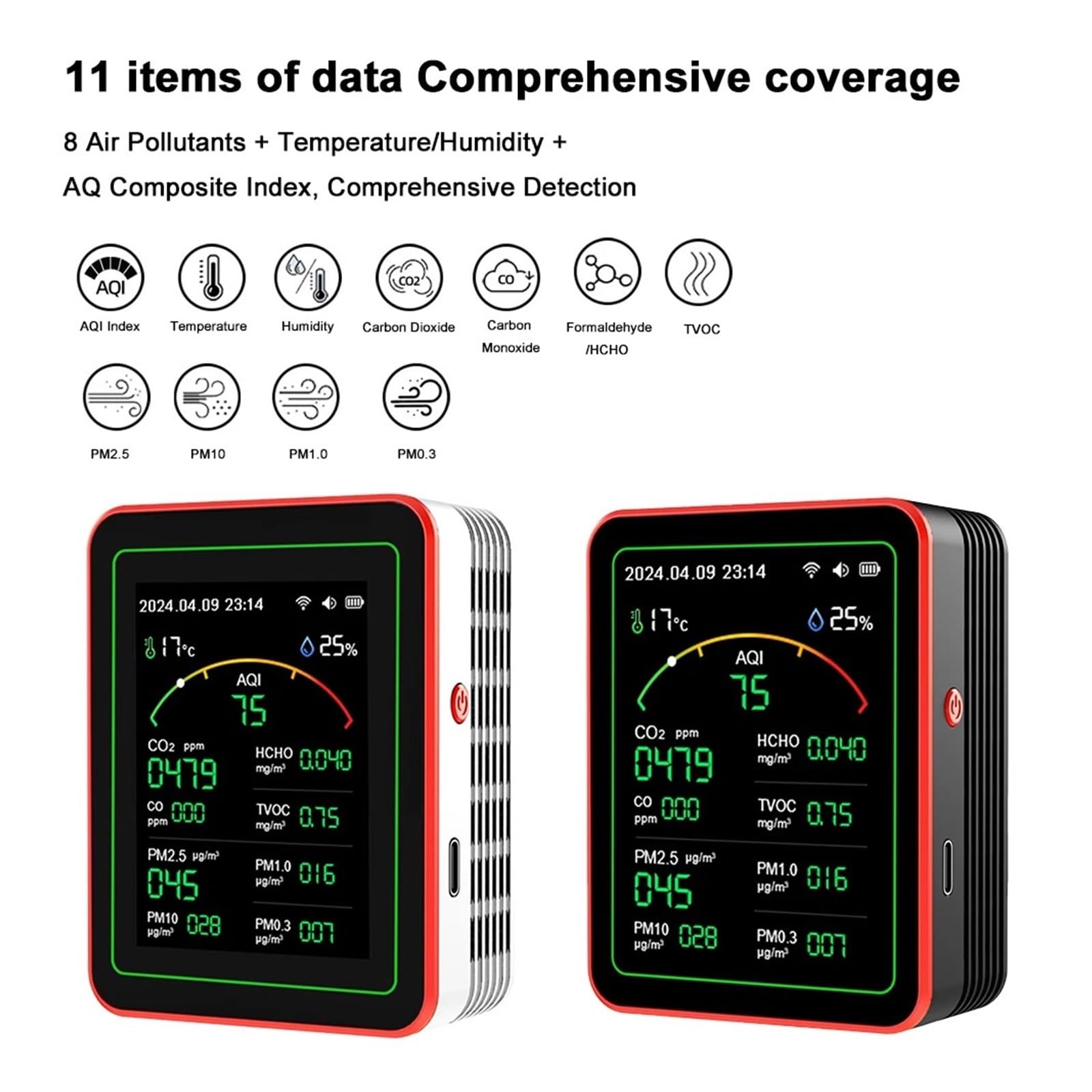 Monitor de calidad del aire, Detector De Calidad Del Aire WiFi 15 En 1, Pantalla TFT, Portátil For El Hogar, PM0.3 PM1.0 PM2.5 PM10 CO CO2 TVOC HCHO(Black)