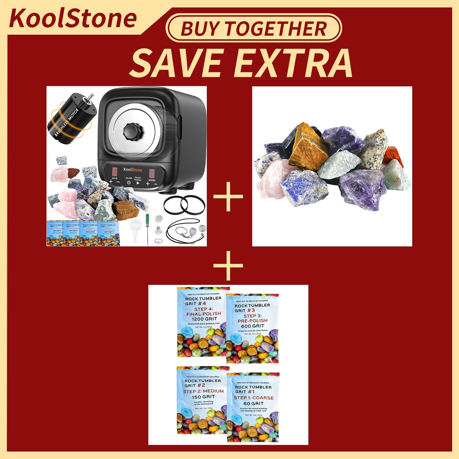 Extra Large 3LB Professional Rock Tumbler Kit with 4 Bags of Polishing Grits and 1LB of 9 Different Types Rough Rocks