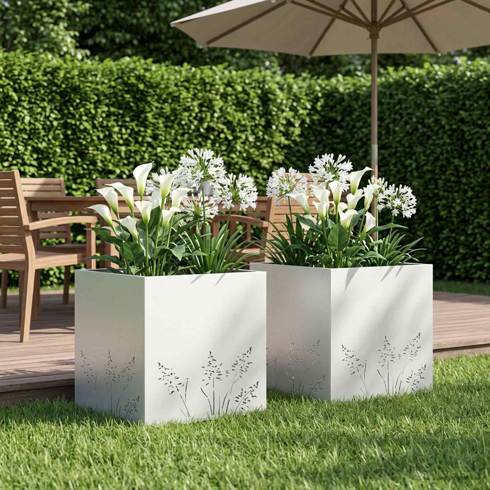 Juego de 2 maceteros de metal blanco para jardín, 50 x 50 x