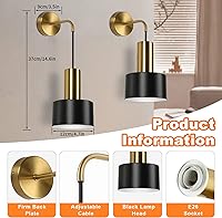 Vista 5 de VerRon Juego de 2 apliques de pared a pilas, luces de pared inalámbricas con control remoto, lámparas de pared regulables negras y doradas