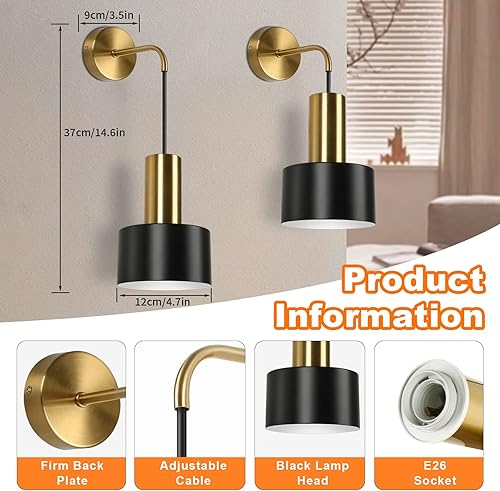 Miniatura 5 de Juego de 2 apliques de pared a pilas, luces de pared inalámbricas con control remoto, lámparas de pared regulables negras y doradas con bombillas