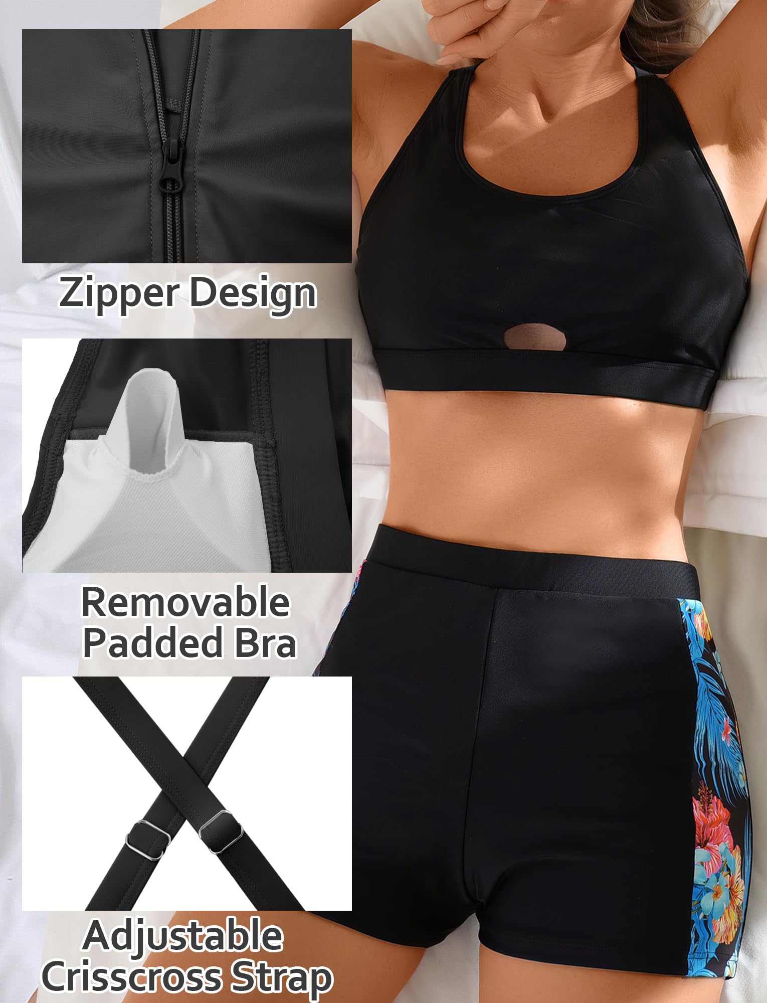 Ensembles Rashguard pour Femmes Rashguard de Wakeboard Ensemble Maillot de Surf Plage Maillot avec Tankini + Shorts S-XXL