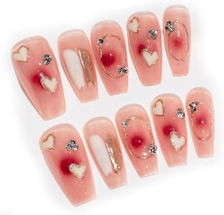 Sun&Beam Nails Handmade Long Coffin Ballerina Pink Gold False Nail Tips with Cute 3D Diamond Popular Charm Design Press On Nails 10 Pcs (#57 L)