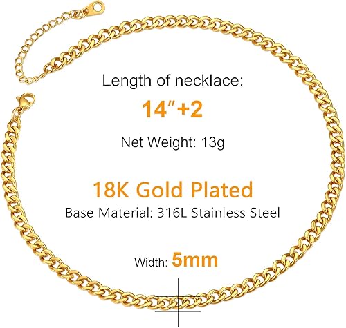 Miniatura 6 de ChainsPro 14-30" Mens Sturdy Miami Cuban Chain Necklace, 57912MM Width, 316L Stainless Steel18K Gold Plated-Durable Clasp (Send Gift Box)