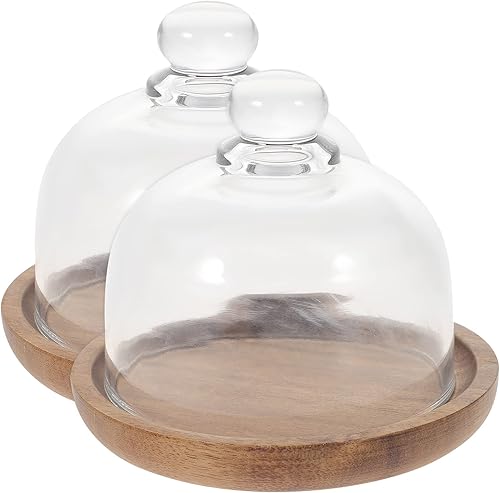 2 unidades de 4.13 pulgadas (4.1 in) pequeña cúpula de cristal transparente para postrequeso cloche con bandeja de servir de madera, soporte para