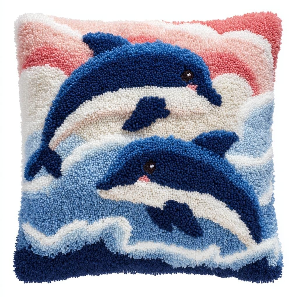 Henypt Latch Hook Kit 17x17 Inch,Animal Dolphin DIY Cushion Cover Kit for Adults Beginners with Printed Canvas & Complete Tools,43x43cm
