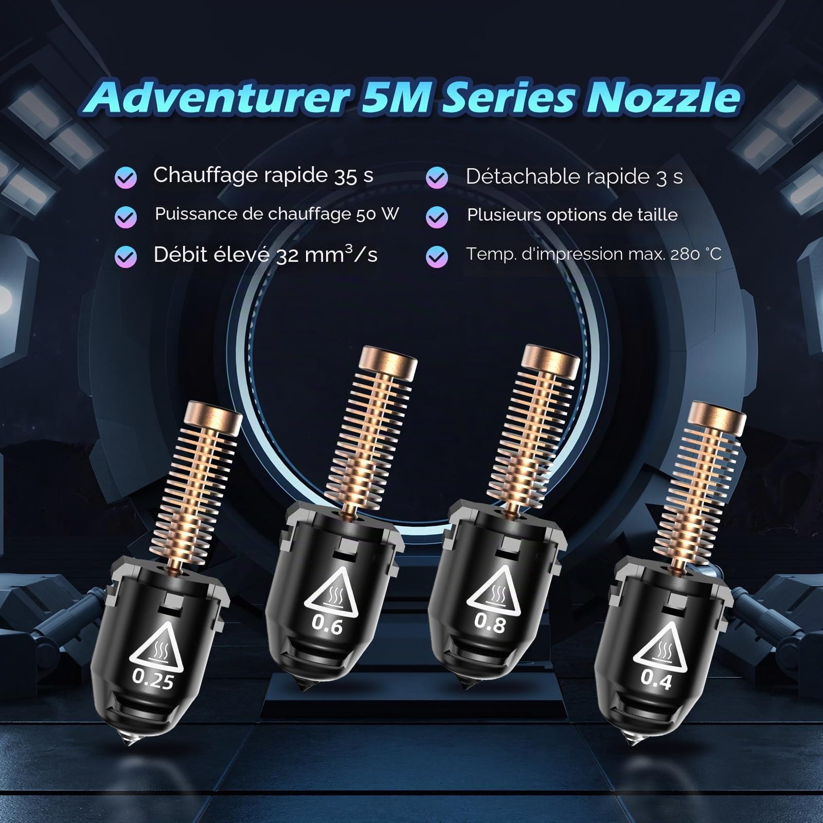 FLASHFORGE Adventurer 5M Pro Buse, 0.25mm 280℃ Buse à haut débit 32mm³/s pour une impression stable à grande vitesse, Adventurer 5M Hotend, 3S Buse à démontage rapide