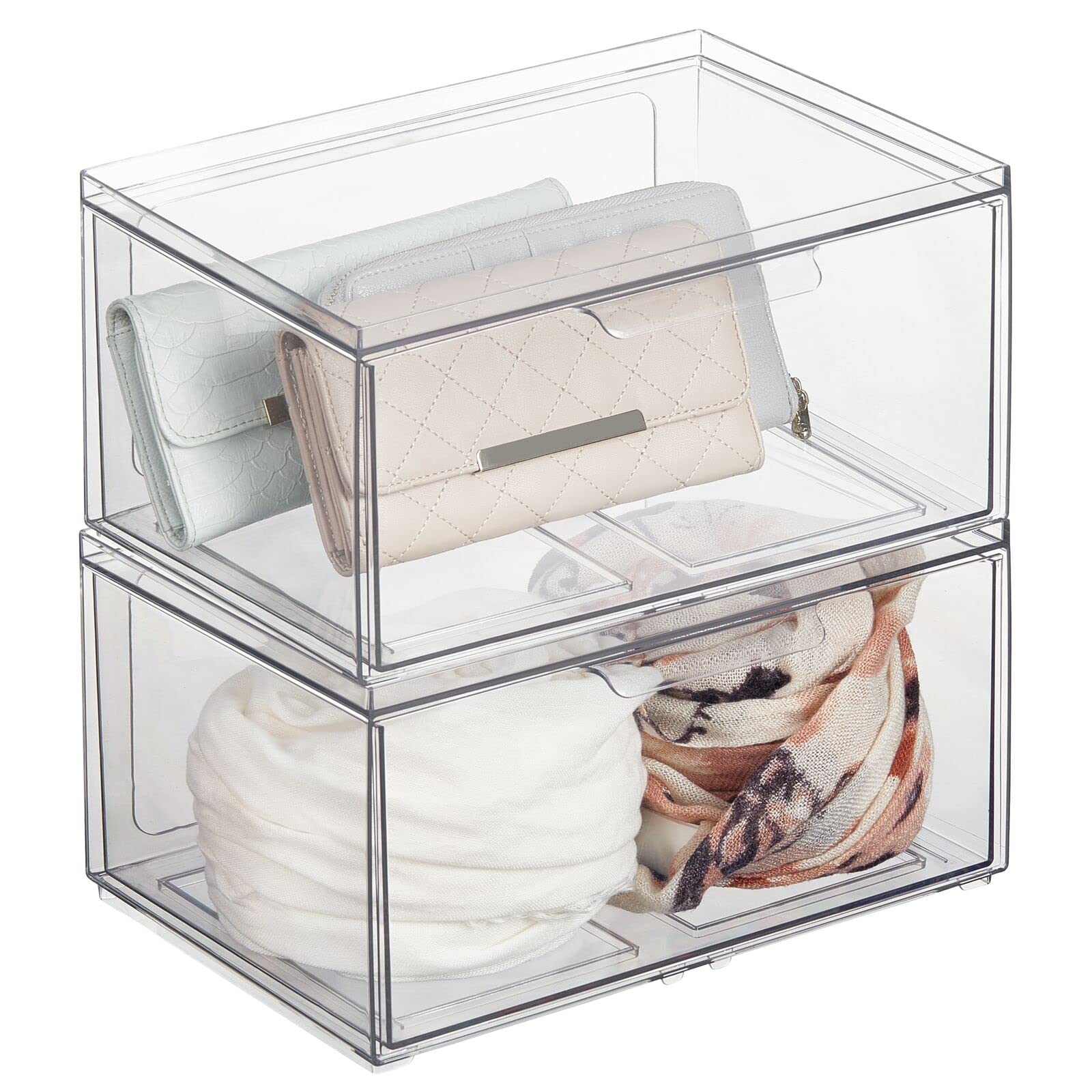 mDesign Plastic Wide Stackable Closet Storage Organizer Bin Containers with Front Pull Drawer for Cabinet, Desk, Shelf, Cupboard, or Dresser Organization - Lumiere Collection - 2 Pack - Clear