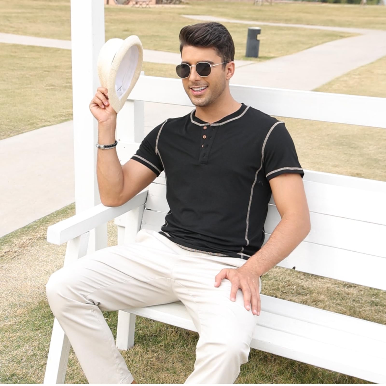 LAOARA T Shirt Uomo Maglietta Manica Lunga Cotone Slim Fit Henley Tshirt Maglia Bottone Magliette M-2XL