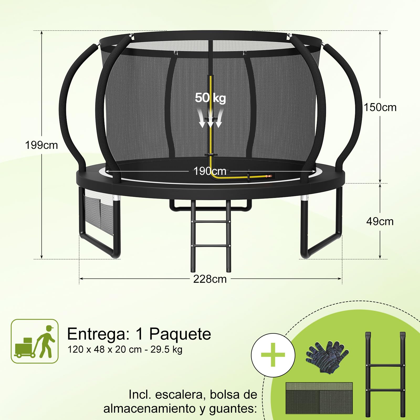 Devoko Trampolín Exterior Calabaza Ø 228-427 cm GS Red Seguridad Escalera 150 kg